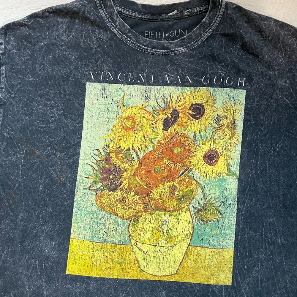 Fifth Sun gray stonewash style Van Gogh sunflower painting graphic Crop Top